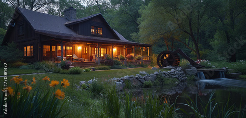 Craftsman house in the evening, with a nearby rustic mill and the sound of a waterwheel
