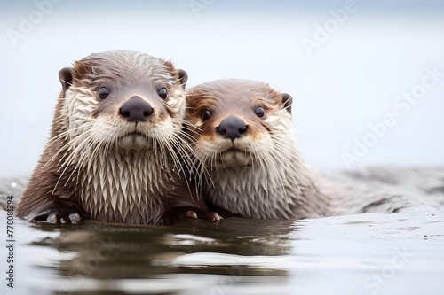 Otter Mother and Pup Close-up with White Background © Sun
