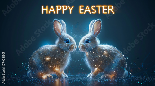 Futuristic greeting card featuring digital hologram of Easter bunny with wireframe lines and dots technology