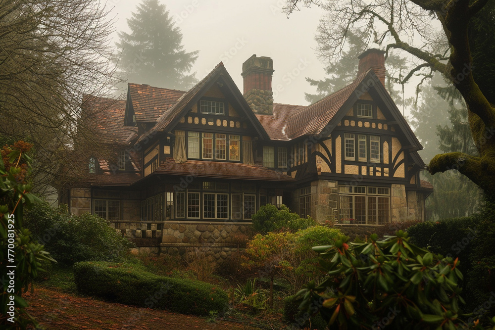 Craftsman house on a foggy morning with the structure partially obscured by mist