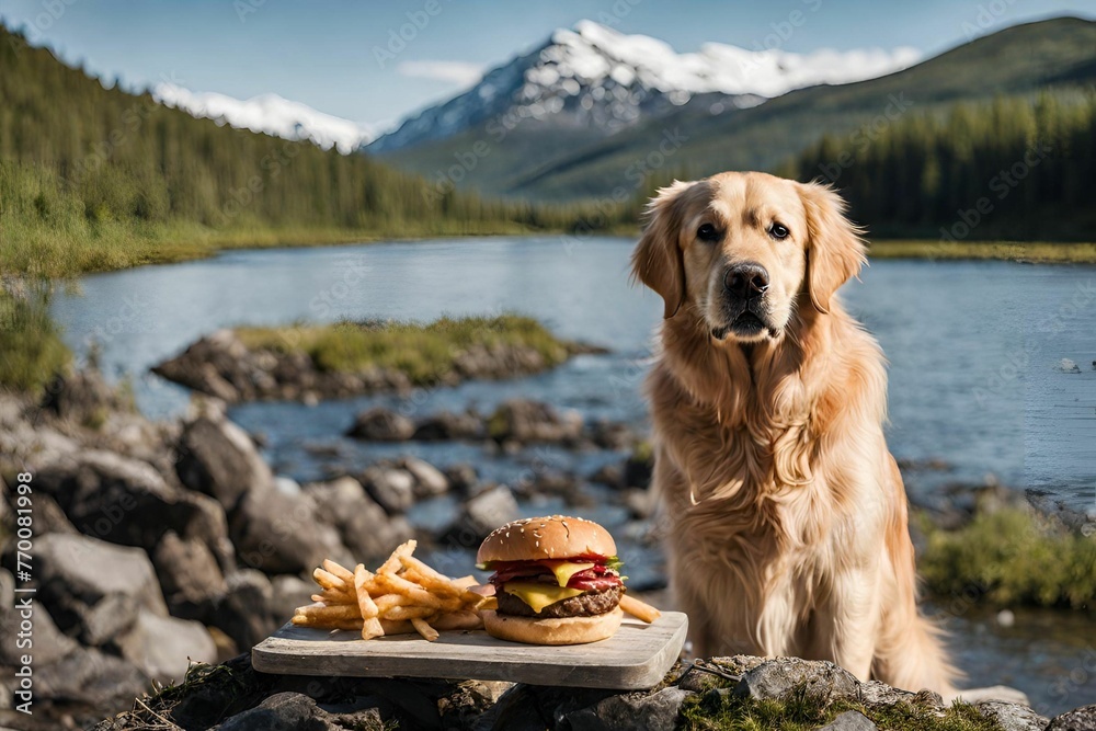 Golden Retriever posing with a burger and fries on a rock by the river, forest, and mountains