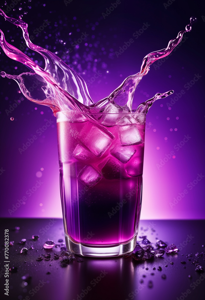 Bright purple cold cocktail with ice in a transparent glass and splashes on the background of futuristic mystical esoteric blur elements. Side view Bright purple cold cocktail with ice in a transparent glass and splashes on the background of futuristic mystical esoteric blur elements. Side view