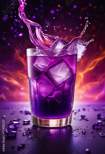 Bright purple cold cocktail with ice in a transparent glass and splashes on the background of futuristic mystical esoteric blur elements. Side view