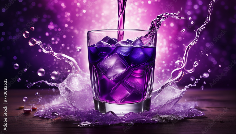 Bright purple cold cocktail with ice in a transparent glass and splashes on the background of futuristic mystical esoteric blur elements. Side view Bright purple cold cocktail with ice in a transparent glass and splashes on the background of futuristic mystical esoteric blur elements. Side view