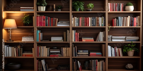 Bookshelf with books and decorations in modern interior. 3D rendering