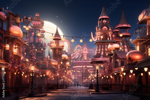 Amusement park at night. Panorama. 3d rendering