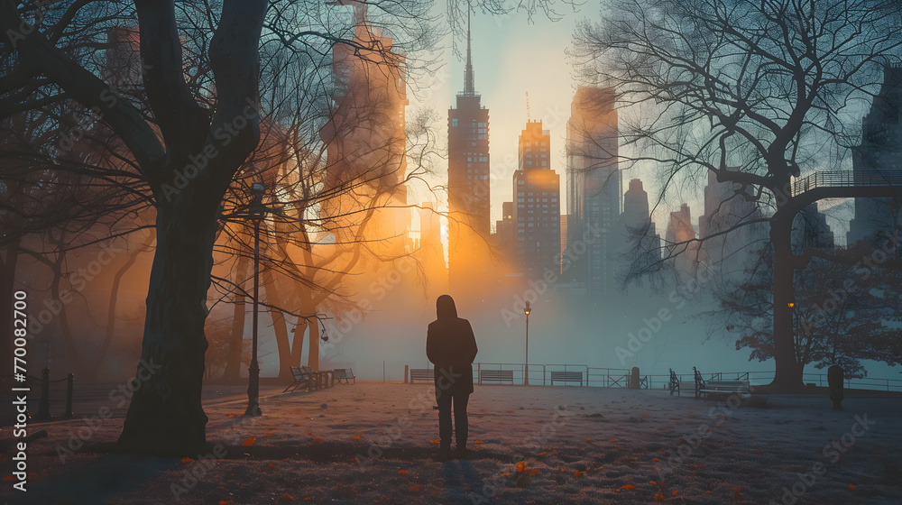 Alone person walking in the central park