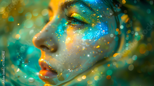 An artistic close shot of a women's face covered with colorful glitter