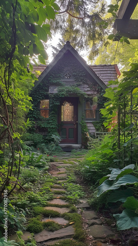 Early morning at a Craftsman house with a whimsical fairy garden  tiny doors hidden among the foliage