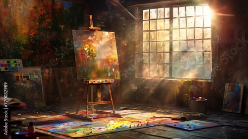 An intimate scene of a painter's studio, with a canvas on an easel capturing a moment of creation, with copy space for text