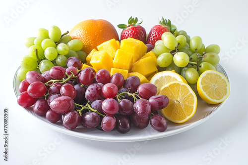 Fruit Platter with Red Grapes, Green Grapes, Mango, Lemon, Orange and Strawberry on whiteisolated on solid white background.