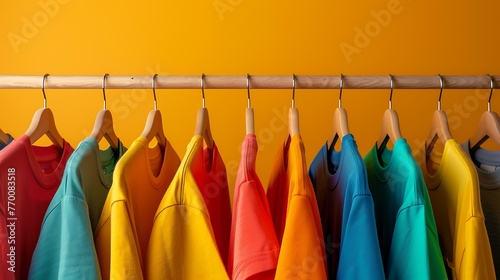 Vibrant Fashion Collection Displayed on Colorful Rack Against Orange Backdrop photo