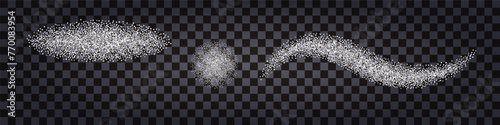 Salt or sugar powder grainy texture.White sugar particles splash.  Vector isolated on dark transparent background.