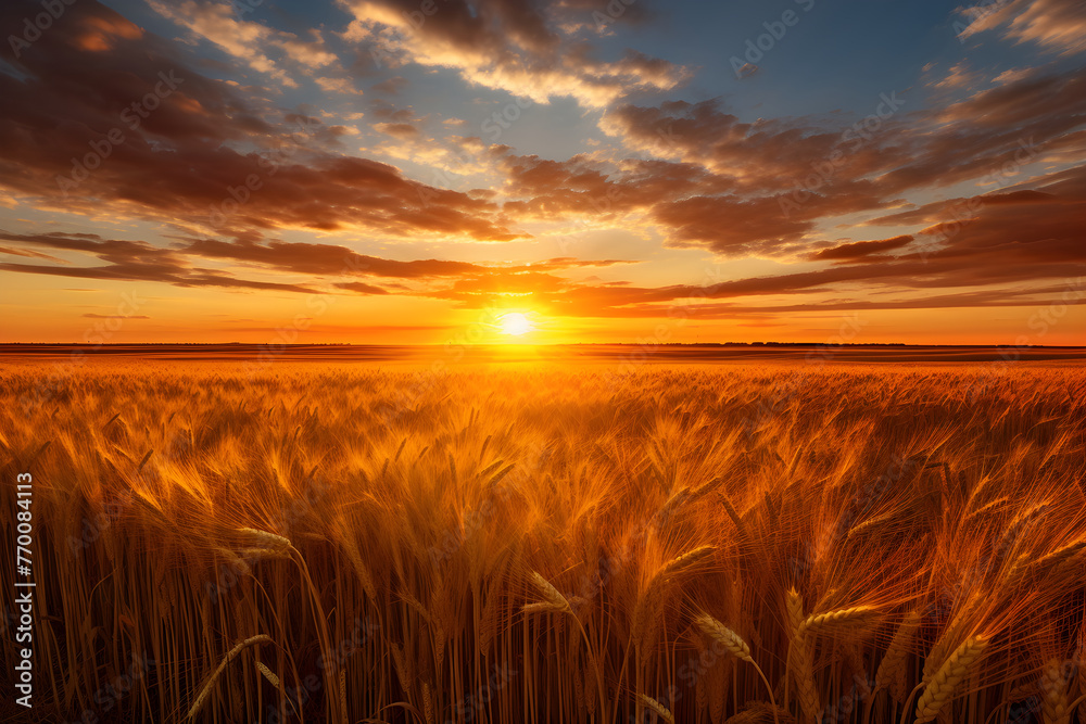 Harvest Season at Dusk: An Idyllic Exploration of Golden Grain Fields under the Setting Sun