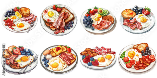 Set of american breakfast png water color mockup in 3d without backoground for decoration.