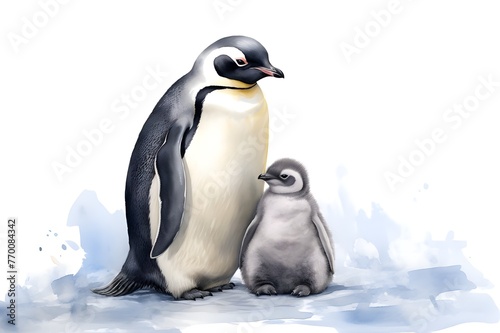 Penguin Parent and Chick on White Background