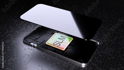 Abstract 3d render of a mobile phone with the screen lifted up to reveal a large colorful silicon chip with the letters SLM on it.  SLM is an acronym for Small Language Model.