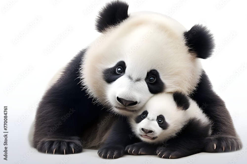 Panda Mother and Cub Close-up with White Background Panda Mother and Cub Close-up with White Background