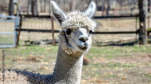  A detailed photo of an alpaca within a confined space, surrounded by tall blades of grass and lush trees in the backdrop