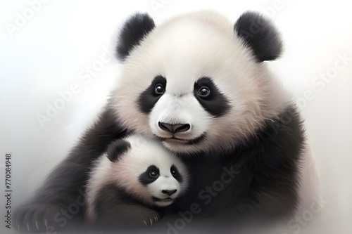 Panda Mother and Cub Close-up with White Background