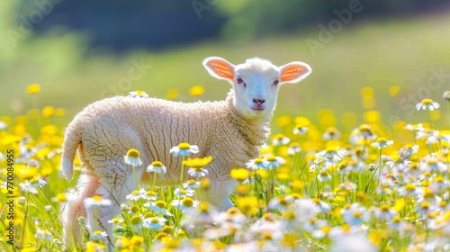 Young lamb in daisy field  serene nature scene with farm animal vibes  ideal for text placement