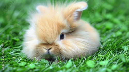  A detailed image of a small rabbit surrounded by tall grass, with a sharp focus on its facial features