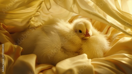  A baby chicken rests on a draped bed, with a curtain in the foreground and a dimly lit room in the background © Olga