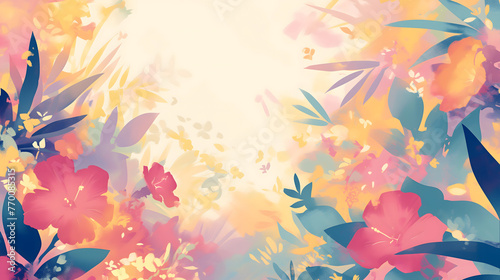 Summer background with illustration of tropical flowers and foliage, lot of empty copy space for text. Positive happy vibes. © Caelestiss
