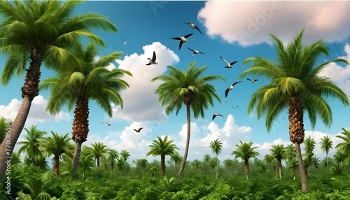 a beautiful scene of a natural environment with palm tress  fruit tress birds greenery and clouds on the sky