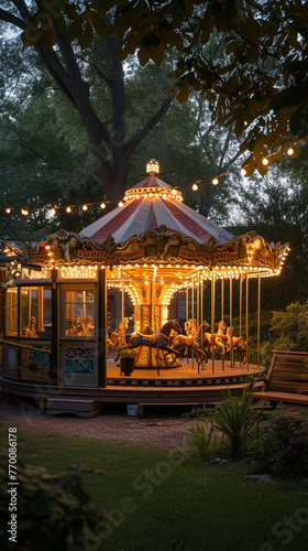 Evening ambiance at a Craftsman house with an adjacent vintage carousel, lights twinkling as it turns