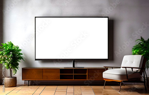 Interior has vintage feel with projector screen. TV white layout with empty copy screen space for advertising. Concepts any company. Copyright space on isolate. Large space for an inscription or logo