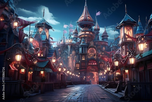 Magic fantasy city at night. Panoramic view of the fairytale town.
