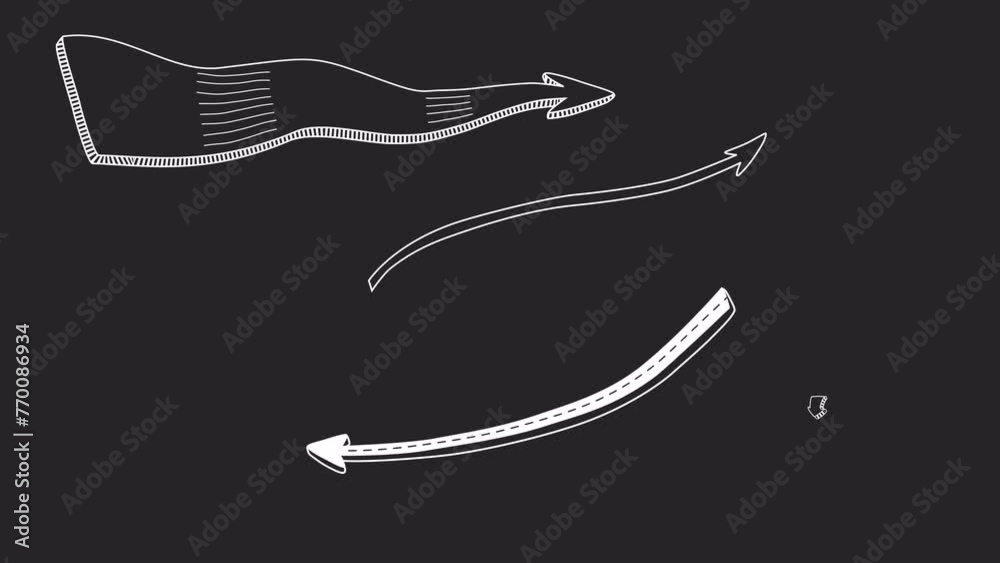 Set of 4 dynamically animated doodle cartoon  arrows with alpha channel. Comic hand drawn style. Wiggle stroke line.