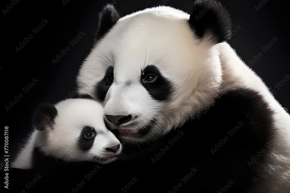 Fototapeta premium Panda Mother and Cub Close-up with White Background