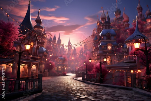 Fantasy city at night with lanterns. 3D illustration.