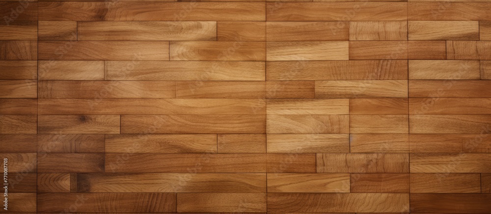 A closeup of a brown wooden floor made of rectangular wooden blocks, creating a beige bricklike pattern. The wood stain gives it different tints and shades A closeup of a brown wooden floor made of rectangular wooden blocks, creating a beige bricklike pattern. The wood stain gives it different tints and shades