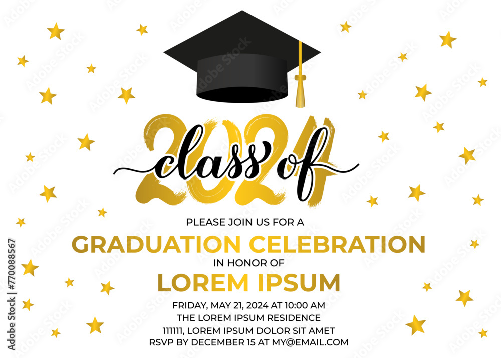 Graduation party invitation card template. Graduation celebration announcement. Class of 2024 vector illustration.