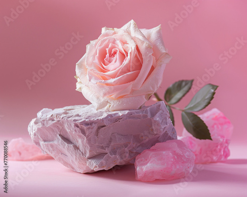 Pastel pink rose on a white stone isolated on a bright pink background