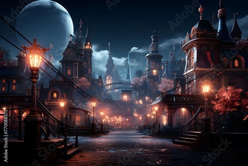 Night city landscape with old buildings and lanterns. 3d rendering