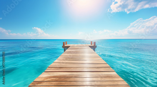 Wide angle wooden swimming pier in the tropical vacation resort under the sunlight. Summer concept.