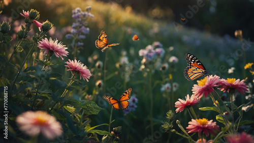 A field of flowers in bloom with fluttering butterflies. © Владлена Демидова