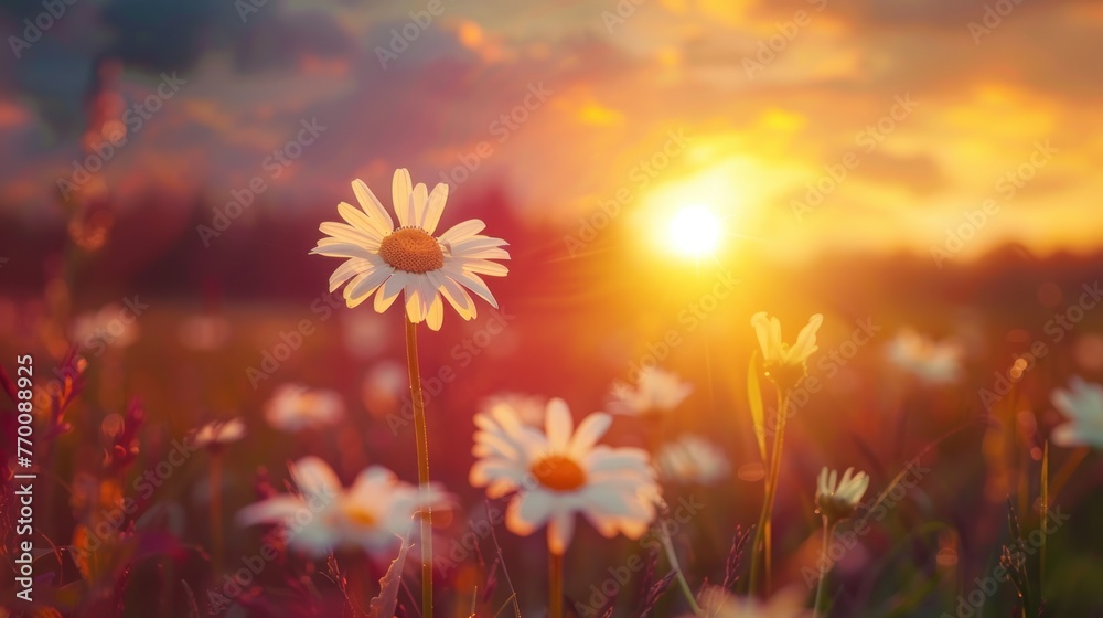 Fototapeta premium White daisy flower blooms in a field during sunset summer landscape blur background. AI generated