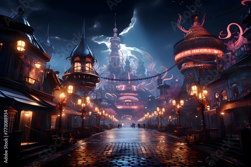 3d illustration of a fantasy city at night with a lot of lights