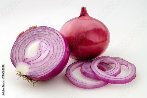Red whole and sliced onion, isolated on white backgroundisolated on solid white background.