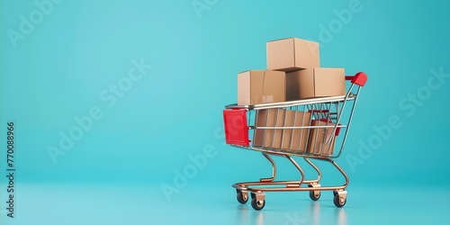A shopping cart filled with paper boxes symbolizing online shopping and home delivery. Concept Online Shopping, Home Delivery, E-commerce, Retail Packaging, Shopping Trends