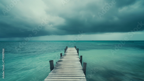 Wooden swimming pier in the tropical vacation resort under the clouds. Summer concept