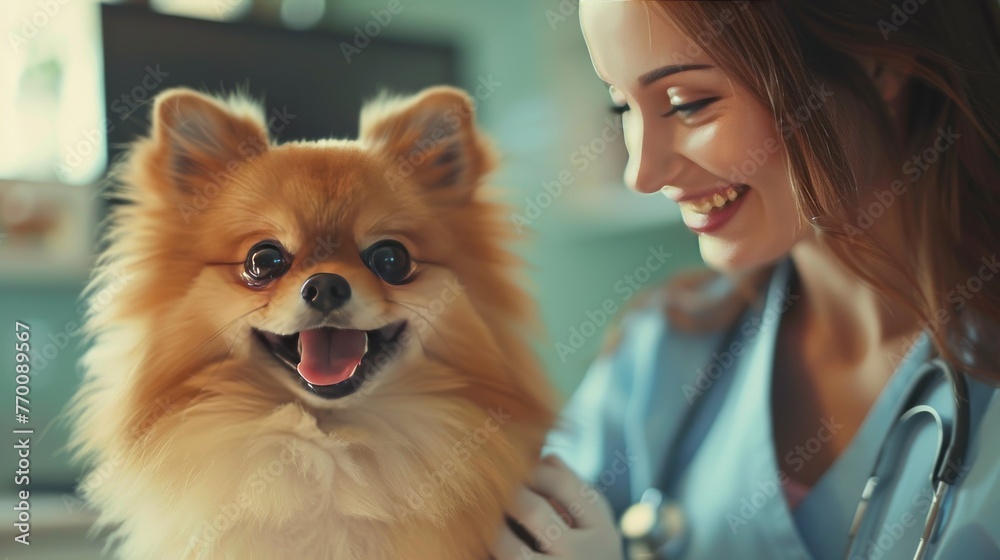 A dog is being examined by a young female doctor in a clinic. Generated AI image A dog is being examined by a young female doctor in a clinic. Generated AI image