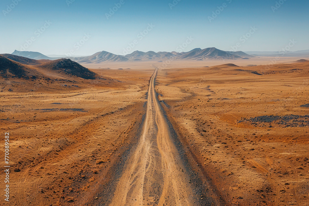 Lonely Desert Road Stretch, road adventure, path to discovery, holliday trip, Aerial view Lonely Desert Road Stretch, road adventure, path to discovery, holliday trip, Aerial view