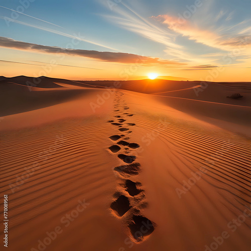 walking in the desert  sand is still  but theres sunset light that makes this beautiful  footsteps on the ground - generated by ai