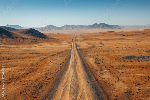 Lonely Desert Road Stretch, road adventure, path to discovery, holliday trip, Aerial view photo